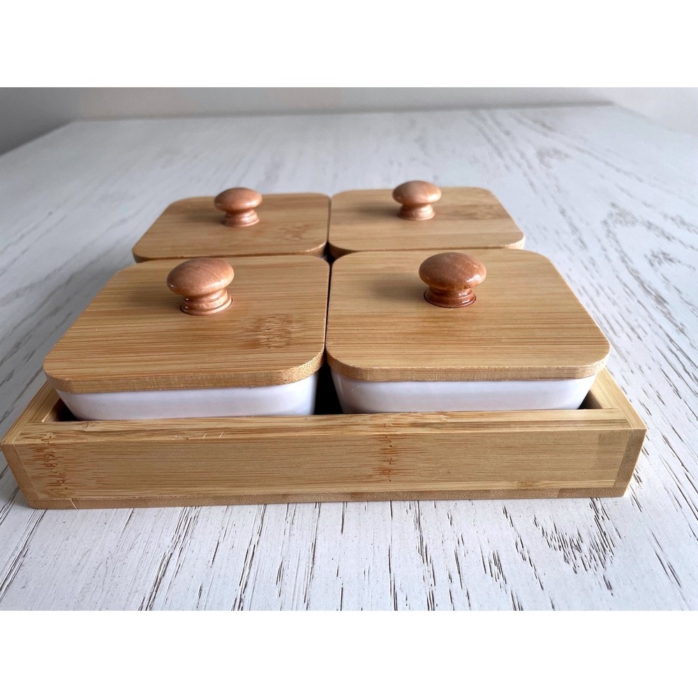 Ceramic Appetizer Serving Plate Bamboo Tray Cover Fruits Nuts 4 Compartment 7in